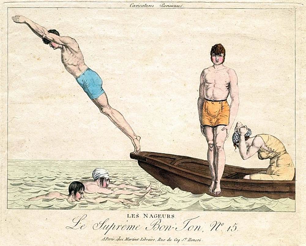 Les Nageurs – Die Schwimmer. Karikatur aus der Serie „Le Suprême Bon-Ton“ (Paris 1815)
